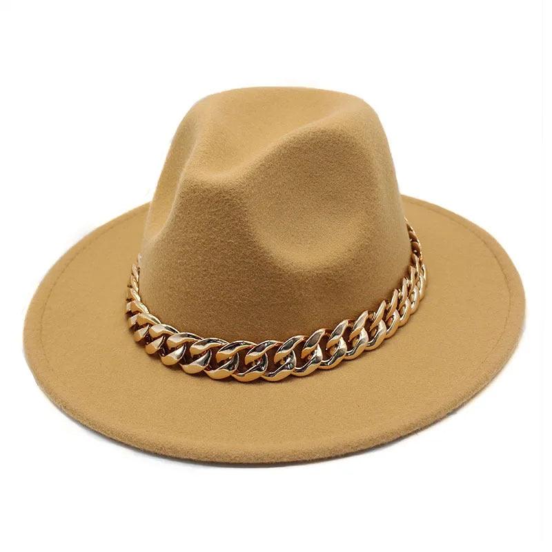 Jazz hat autumn and winter British style big chain women's fedora hat men's retro top hat woolen gentleman hat big brim hat