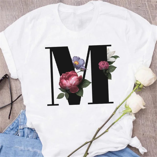 A B C D E English Alphabet Print T Shirt Women New Summer Couples Lovers Female T-Shirt Harajuku Casual Black Tops Tshirts