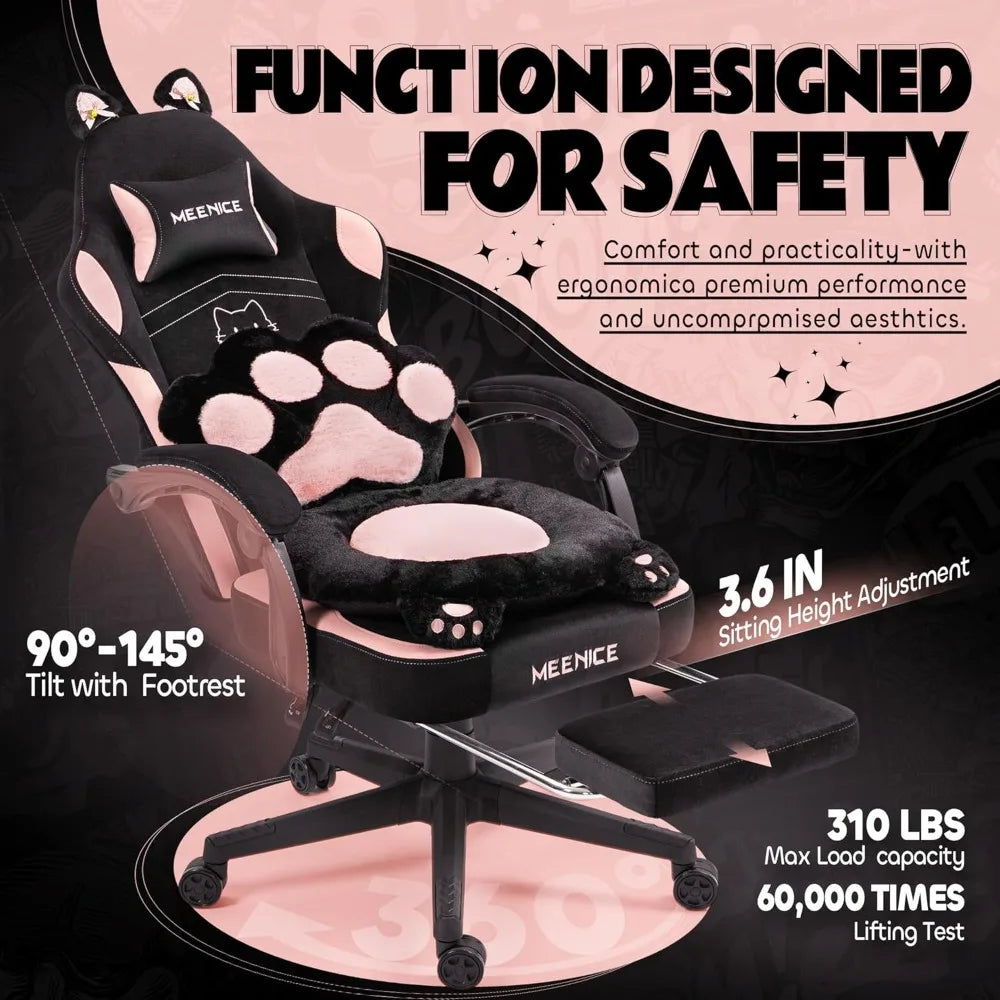 Cute Pink Gaming Chair with Cat Ears/Paw Lumbar/Cushion - Ergonomic Reclining PC Chair with Footrest (300lbs, Girls/Adults)