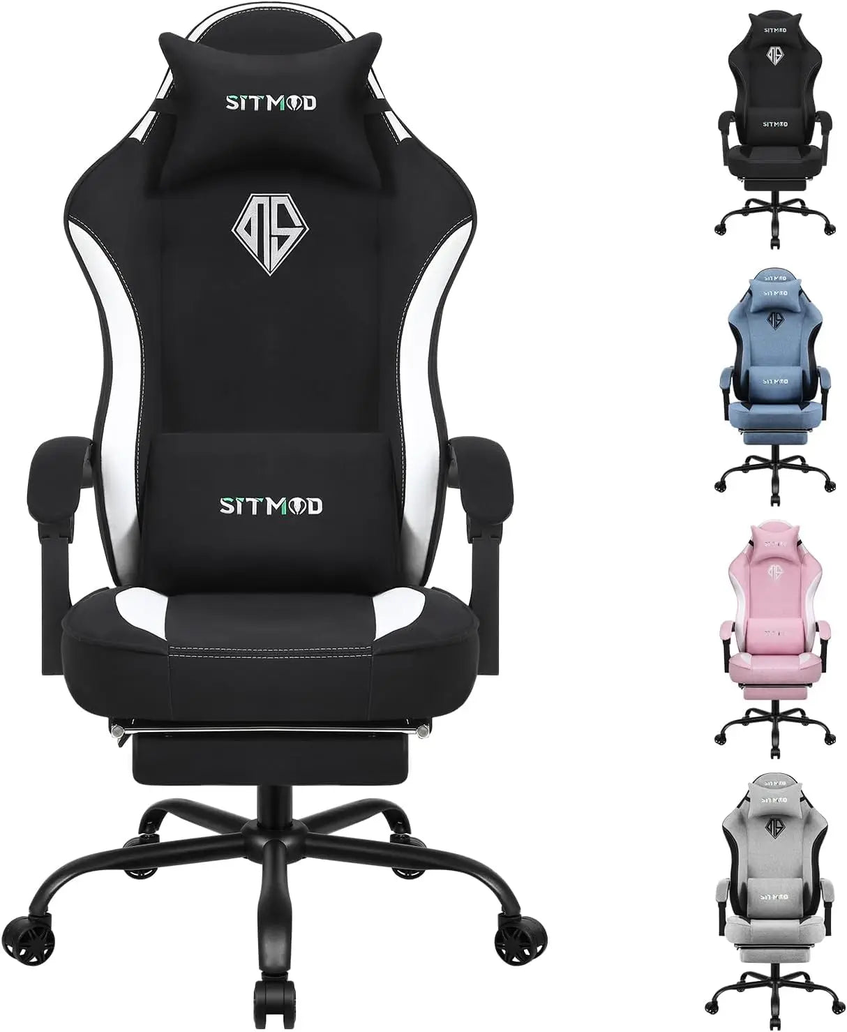 Gaming Chair, Video Game Chairs for Adults with Footrest High Back Headrest Lumbar Support Fabric Office Computer Desk Chair