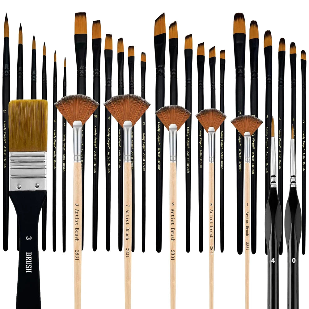 32pcs Paint Brush Set, Artist Series, Nylon Bristles with Round, Filbert, Flat, Fan, Angle, Detail Brush, Suitable for Painting