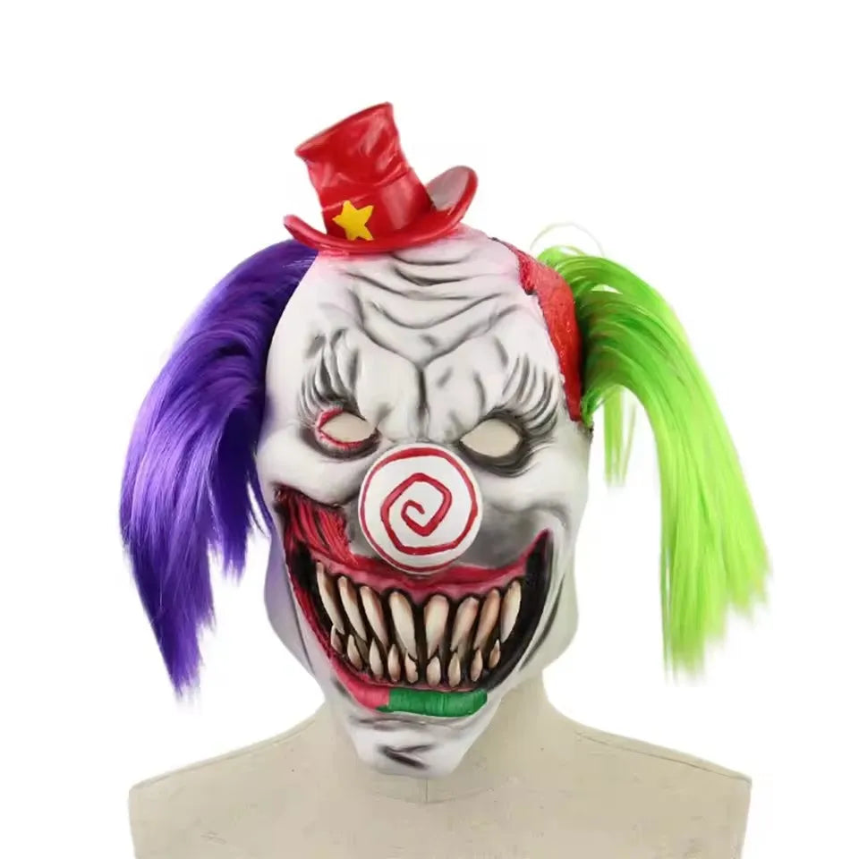 Scary Clown Mask with Purple Green Hair Horror Smile Face Mask Creepy Clown Costume Halloween Huanted House Prop