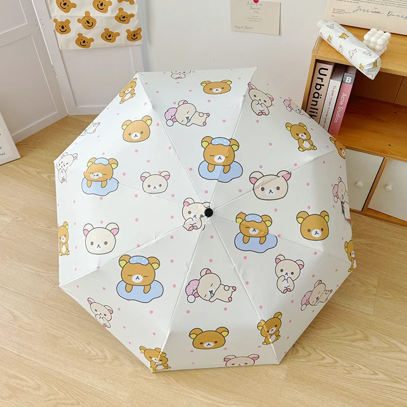 Lovely Pink Rilakkuma Umbrella Three Fold Eight Ribs Foldable Auto Umbrella UV Protection Sun Protection Sunshade Umbrella Sun U