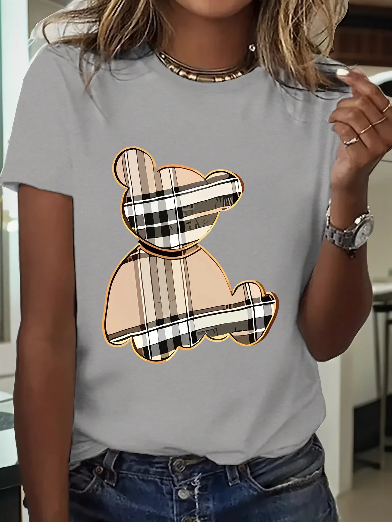Women's Sporty Casual Striped Bear Print T-Shirt - Breathable Moisture-Wicking Lightweight Soft Round Neck Short Sleeve Top