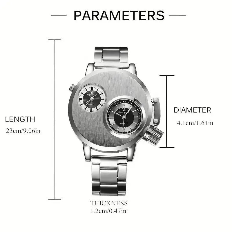Luxury Men's Watches Punk Style Quartz Watch Dual Dial Business Men Wristwatch Stainless Steel Strap Waterproof Military Watch