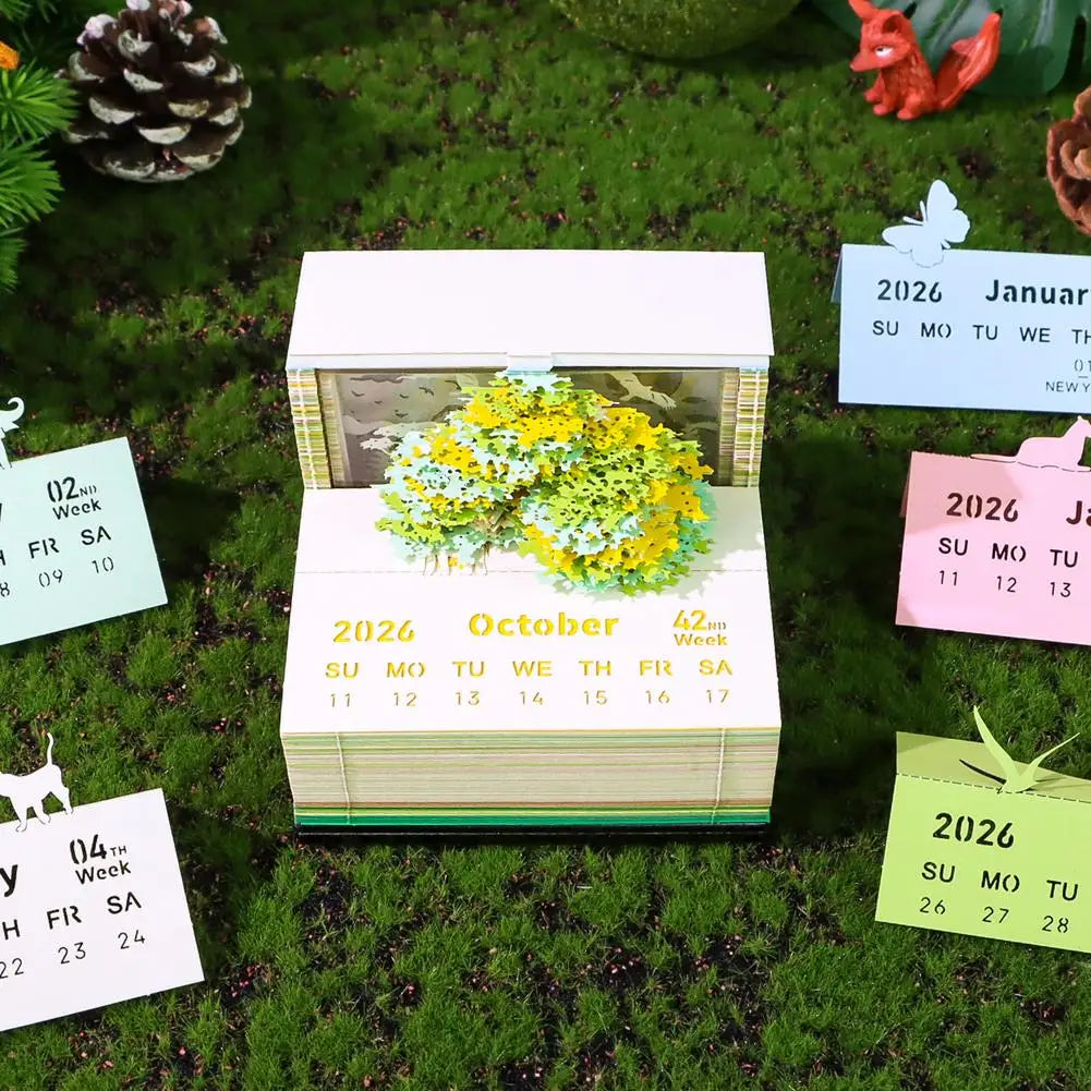 2026 Luminous English Calendar 3D Hand Torn Notebook Paper Carving Treehouse Design Creative Desktop Decoration Ornaments