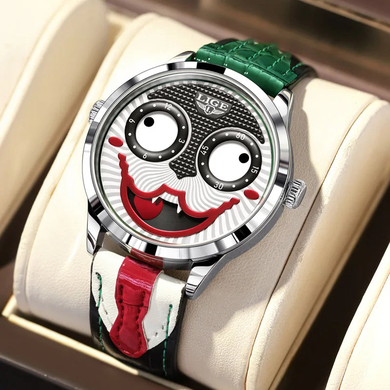 LIGE Creative Joker Watch Men Clown Men's Watches Fashion Leather Strap Waterproof Quartz Wristwatches Moon Phase Clock+BOX