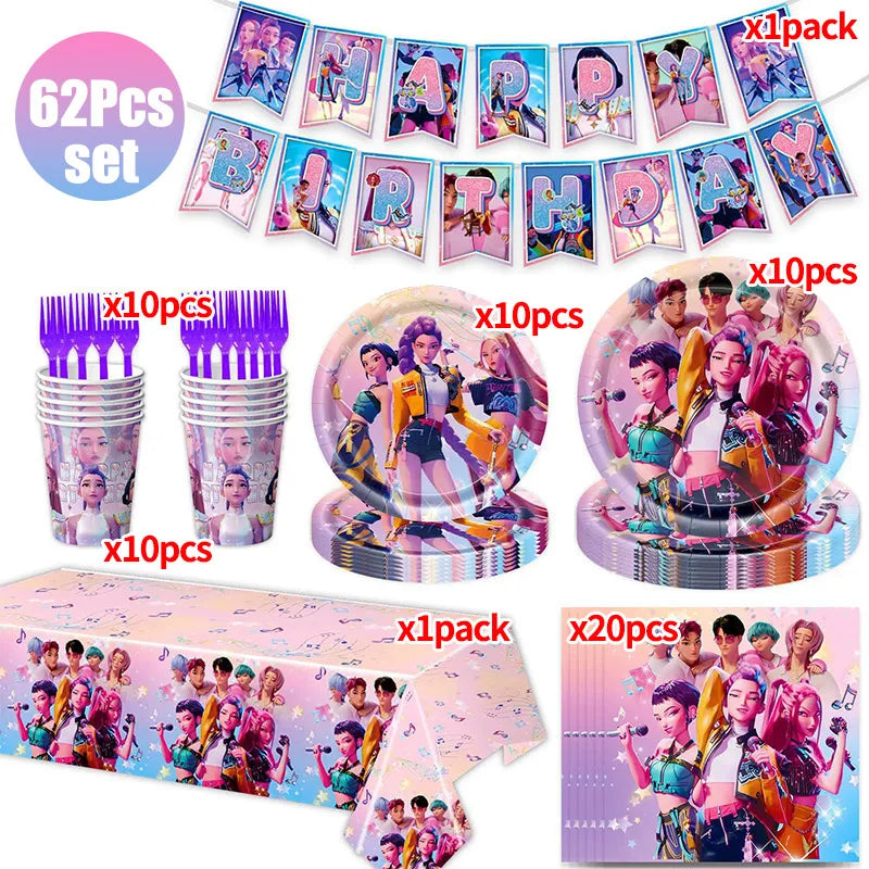 Kpop Birthday Party Decoration Tableware Set Birthday Party Supplies Balloons Cake Topper Hanging Flag Cups K-pop Party Decor
