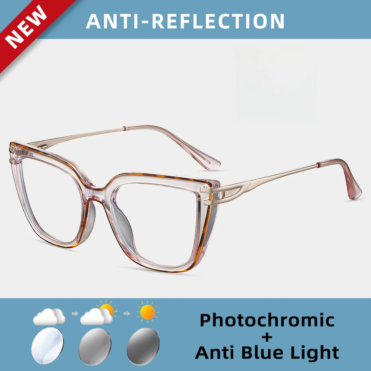 EYORA Currents Square Women Anti-Reflective Reading Glasses Anti Blue Light Myopia Eyewear Photochromic Prescription Eyewear