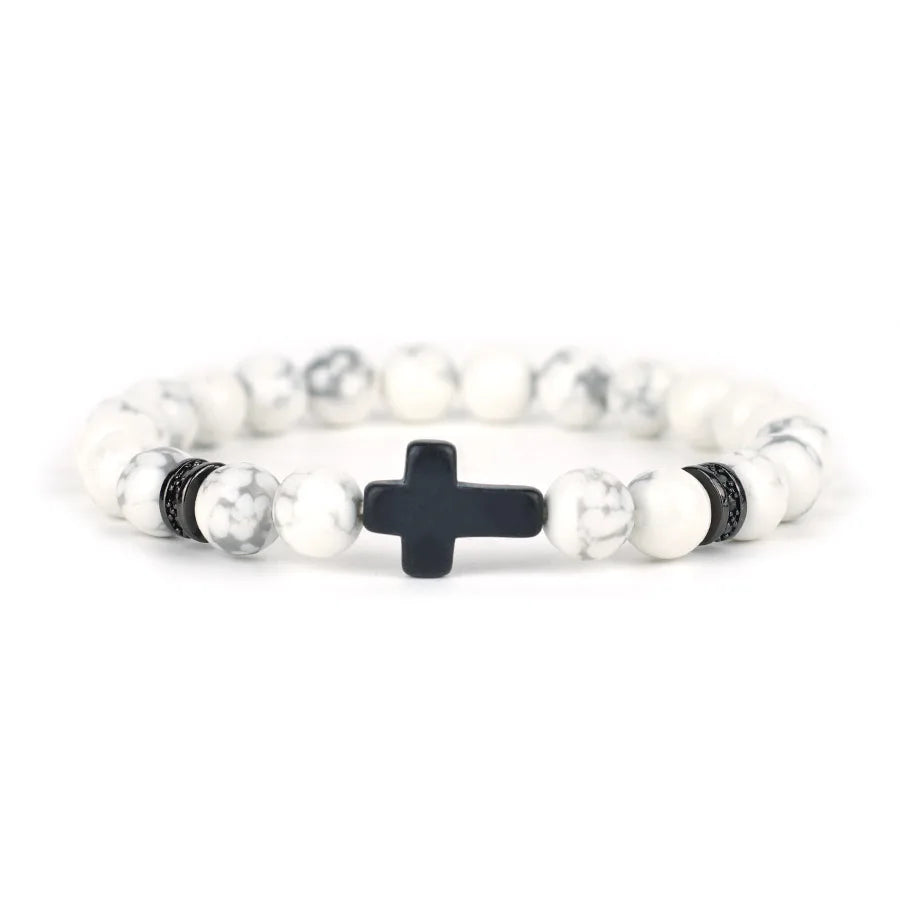 Men Crucifix Beaded Bracelet Onyx White Howlite Healing Braclet Charms Natural Stone Prayer Wristbands Stretch Religious Jewelry