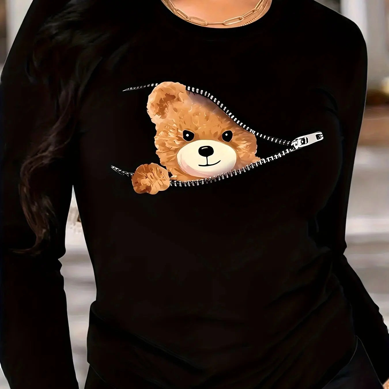 Teddy Bear Print Crew Neck T shirt Casual Long Autumn winter top women's long sleeved T-shirt loose comfortable black white