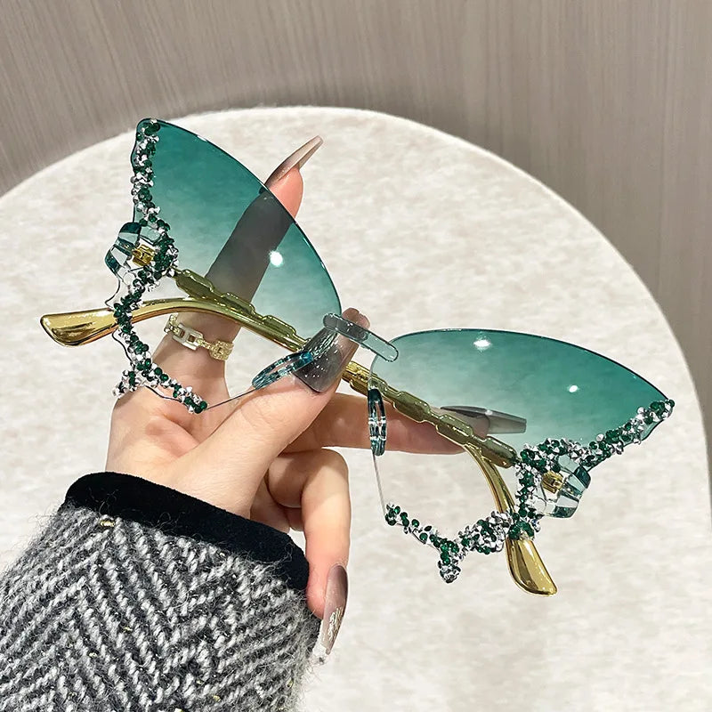Rimless Butterfly Sunglasses Cat Eye Popular Women Men Shades Small Ellipse Sun Glasses for Female Male Party Traveling Glasses