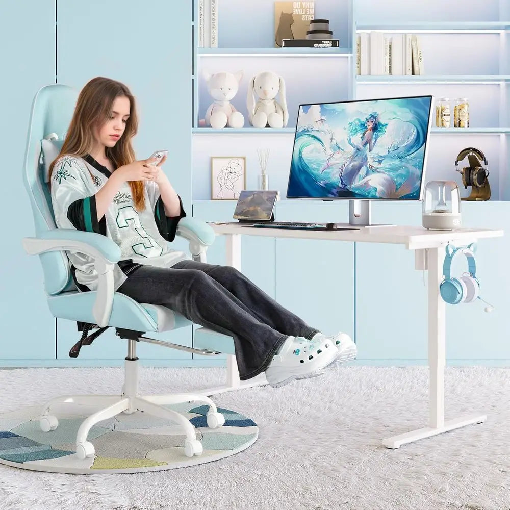 Ergonomic Swivel Gaming Chair with Lumbar Massage, Adjustable Height, and Ottoman (Light Blue)