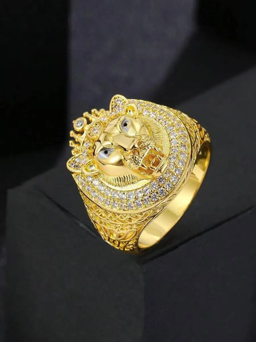 2026 Hot Hip Hop Crown Gold Lion Ring with Iced Out Zirconia, Fashion Jewelry for Men & Women, Perfect Party Gift