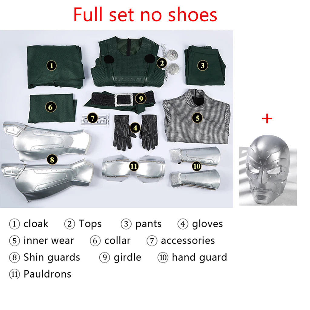New Doom Cosplay Costume High Quality Green Cloak Mask Shoes Armor Set Men's Superhero Role Play Uniform Halloween Outfit Custom