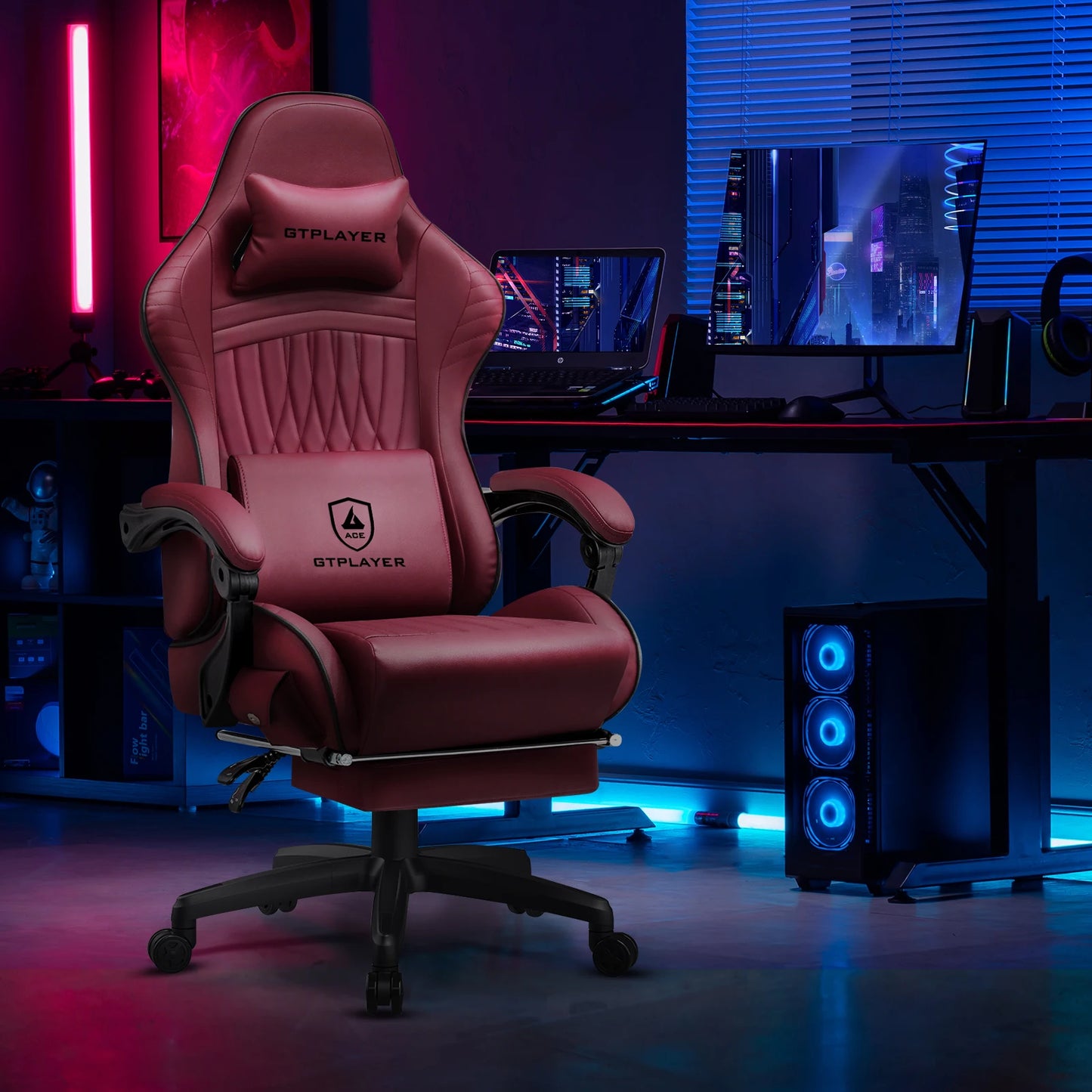 GTPLAYER Gaming Chair Adjustable Ergonomic Faux Leather Swiveling PC & Racing Game Chair with Built-in Speakers,Footrest
