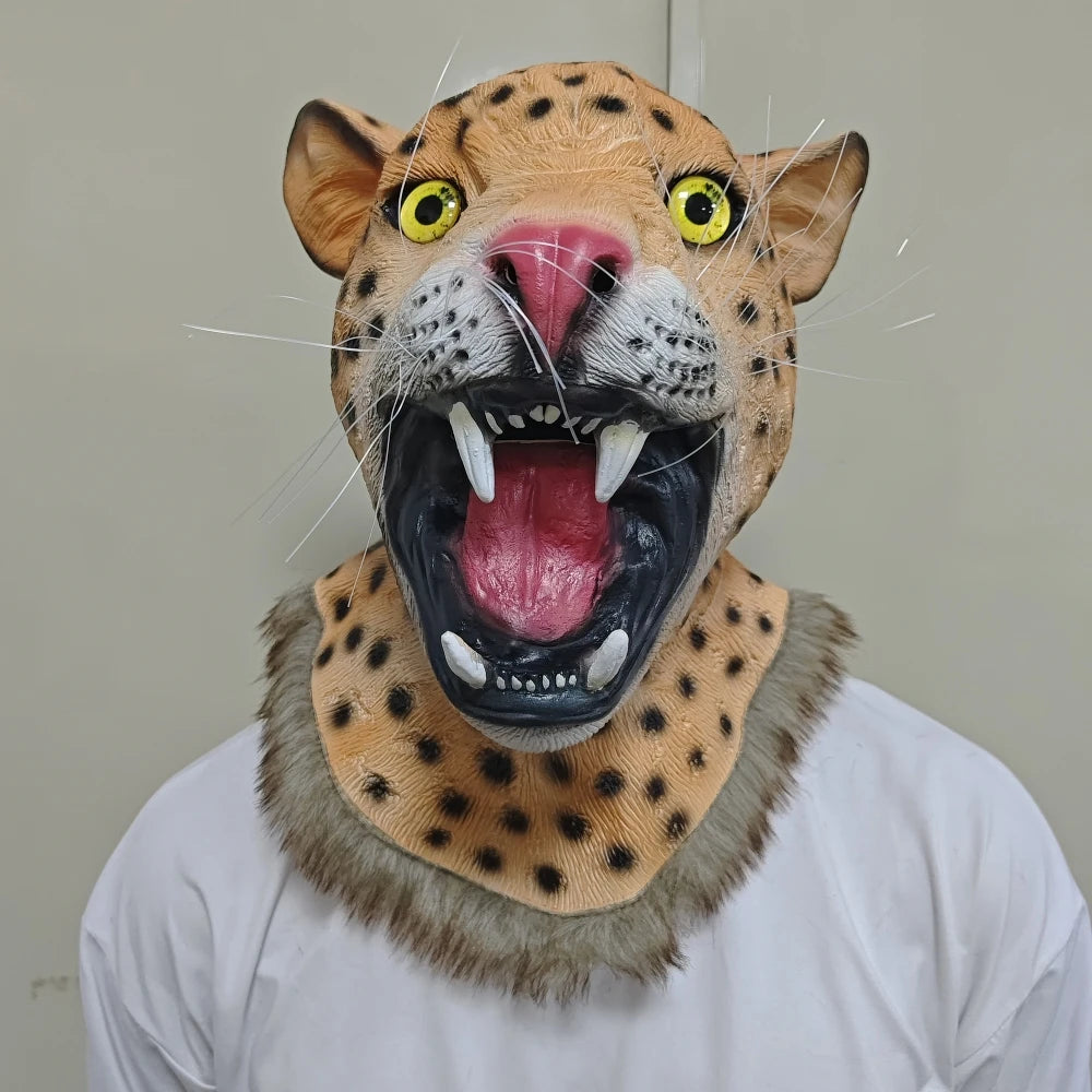 Funny Animal Latex Mask Leopard Full Headband Neck Halloween Cosplay Party Animal Carnival Costume Prop Panther Tiger Head Cover
