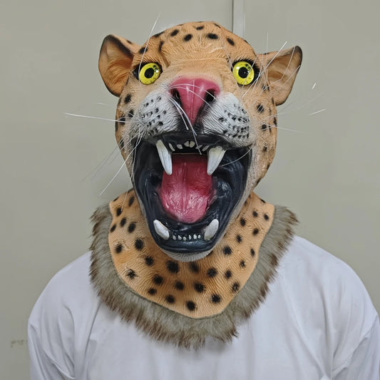 Funny Animal Latex Mask Leopard Full Headband Neck Halloween Cosplay Party Animal Carnival Costume Prop Panther Tiger Head Cover