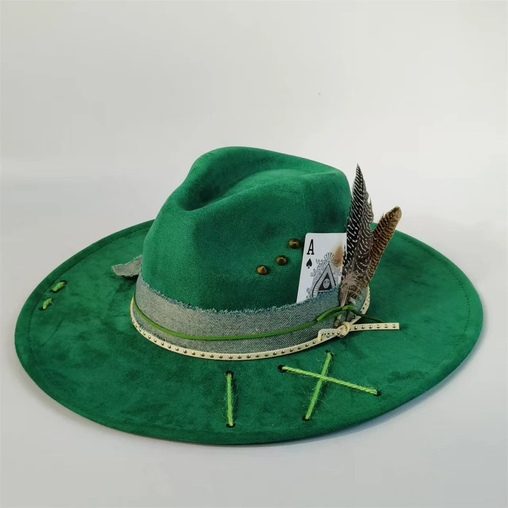 Handmade Fedora Hat suede Men's and Women's Hat feather vintage Fashion Jazz hat Top hats flat Panama sombrero mujer British hat