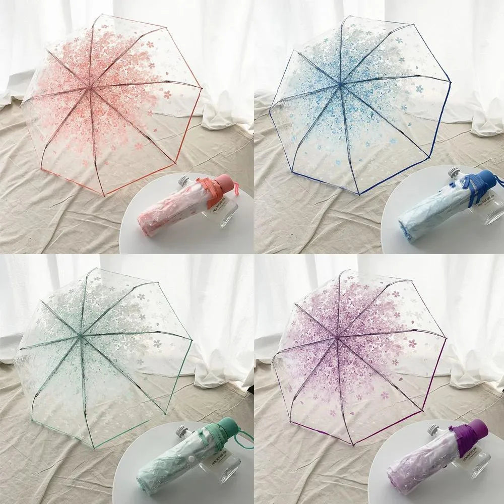 This transparent cherry blossom umbrella features a stylish and unique three-fold design presenting a fresh and simple aesthetic