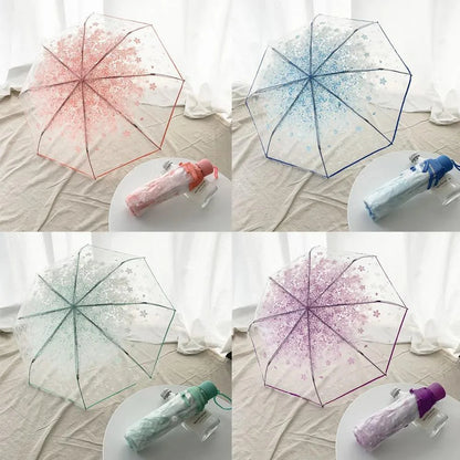 This transparent cherry blossom umbrella features a stylish and unique three-fold design presenting a fresh and simple aesthetic