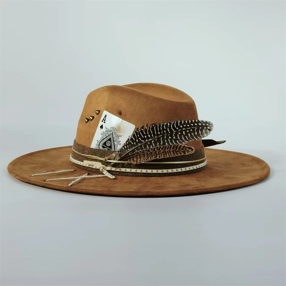 Handmade Fedora Hat suede Men's and Women's Hat feather vintage Fashion Jazz hat Top hats flat Panama sombrero mujer British hat