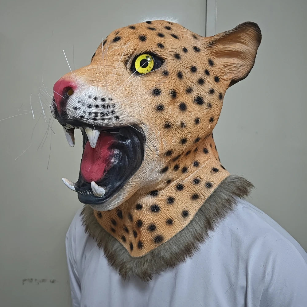 Funny Animal Latex Mask Leopard Full Headband Neck Halloween Cosplay Party Animal Carnival Costume Prop Panther Tiger Head Cover
