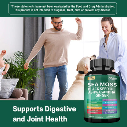 Sea Moss | Black Seed Oil | Ashwagandha | Ginger - Immune System Energy Gut Health Skin & Joint Support | 120 Capsules