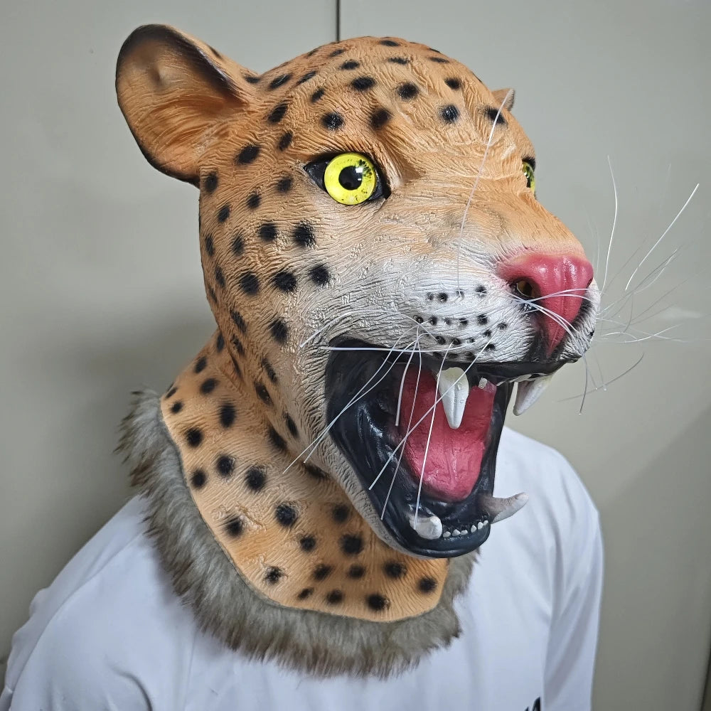Funny Animal Latex Mask Leopard Full Headband Neck Halloween Cosplay Party Animal Carnival Costume Prop Panther Tiger Head Cover