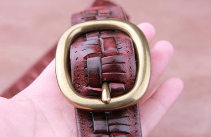 Vintage Luxury Handmade Leather Weave Copper Buckle Men's Belt Cowhide Retro All-match Casual Jeans Soft Belt