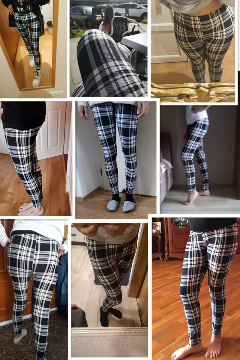 CUHAKCI Fashion Plaid Printing Leggings Women Sexy Fitness Leggins Grid Floral Stripe Trousers High Waist Pencil Pants