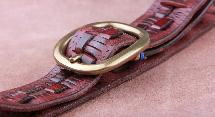 Vintage Luxury Handmade Leather Weave Copper Buckle Men's Belt Cowhide Retro All-match Casual Jeans Soft Belt