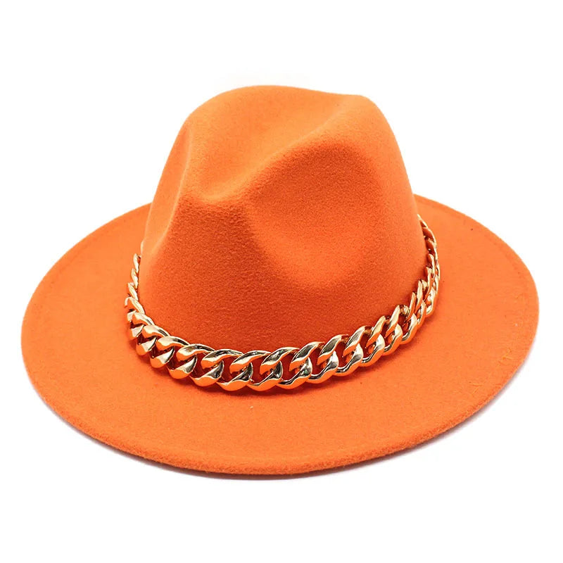 Jazz hat autumn and winter British style big chain women's fedora hat men's retro top hat woolen gentleman hat big brim hat