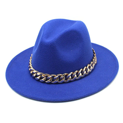 Jazz hat autumn and winter British style big chain women's fedora hat men's retro top hat woolen gentleman hat big brim hat