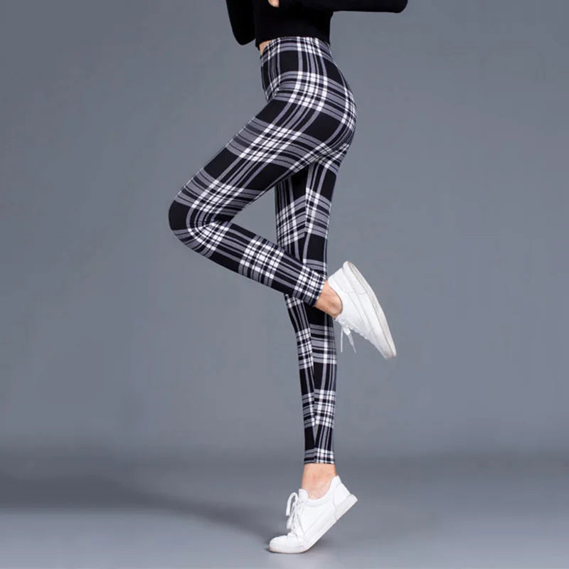 CUHAKCI Fashion Plaid Printing Leggings Women Sexy Fitness Leggins Grid Floral Stripe Trousers High Waist Pencil Pants