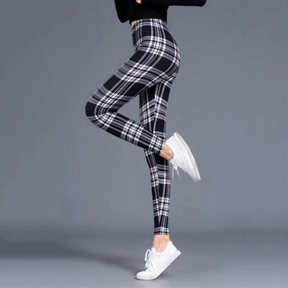CUHAKCI Fashion Plaid Printing Leggings Women Sexy Fitness Leggins Grid Floral Stripe Trousers High Waist Pencil Pants