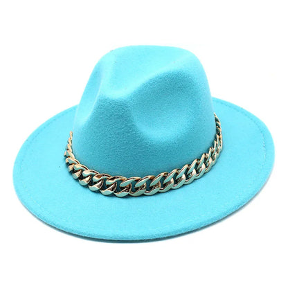 Jazz hat autumn and winter British style big chain women's fedora hat men's retro top hat woolen gentleman hat big brim hat