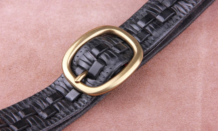 Vintage Luxury Handmade Leather Weave Copper Buckle Men's Belt Cowhide Retro All-match Casual Jeans Soft Belt