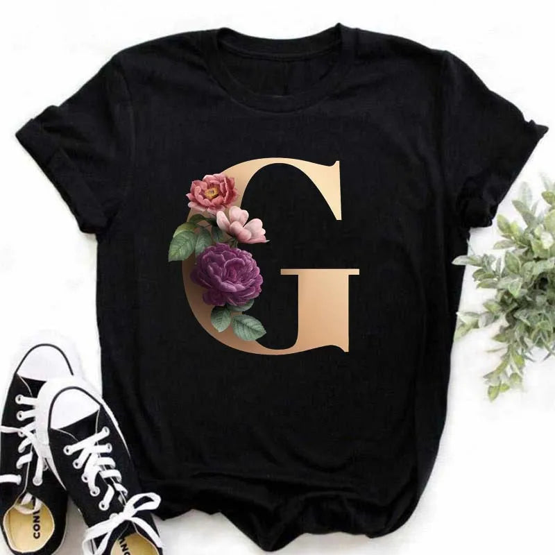 A B C D E English Alphabet Print T Shirt Women New Summer Couples Lovers Female T-Shirt Harajuku Casual Black Tops Tshirts