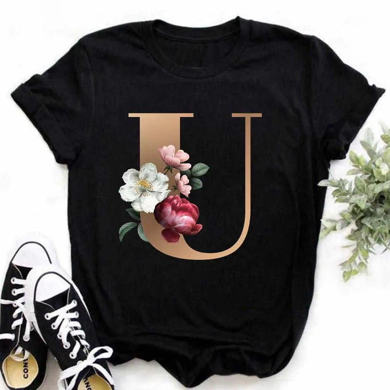 A B C D E English Alphabet Print T Shirt Women New Summer Couples Lovers Female T-Shirt Harajuku Casual Black Tops Tshirts