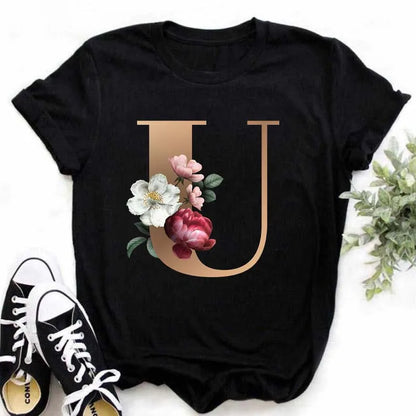 A B C D E English Alphabet Print T Shirt Women New Summer Couples Lovers Female T-Shirt Harajuku Casual Black Tops Tshirts