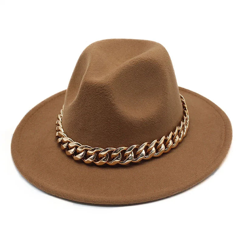 Jazz hat autumn and winter British style big chain women's fedora hat men's retro top hat woolen gentleman hat big brim hat
