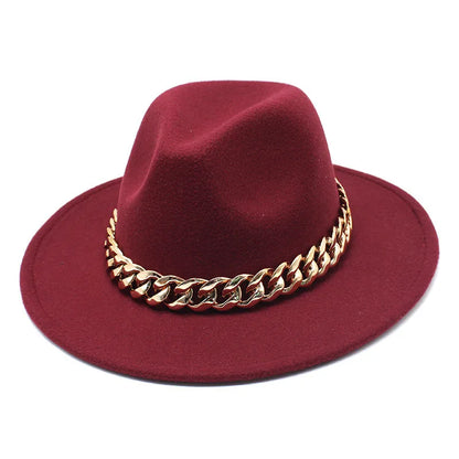 Jazz hat autumn and winter British style big chain women's fedora hat men's retro top hat woolen gentleman hat big brim hat