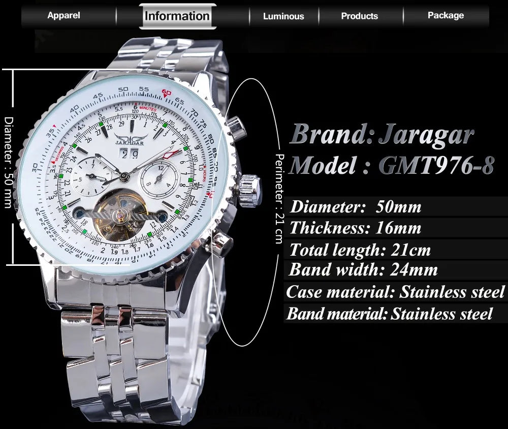 Jaragar Classic Tourbillon Men Mechanical Watch White Automatic Calendar Big Dial Stainless Steel Band Military Pilot Wristwatch