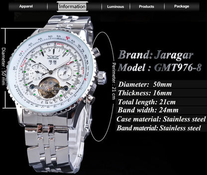 Jaragar Classic Tourbillon Men Mechanical Watch White Automatic Calendar Big Dial Stainless Steel Band Military Pilot Wristwatch