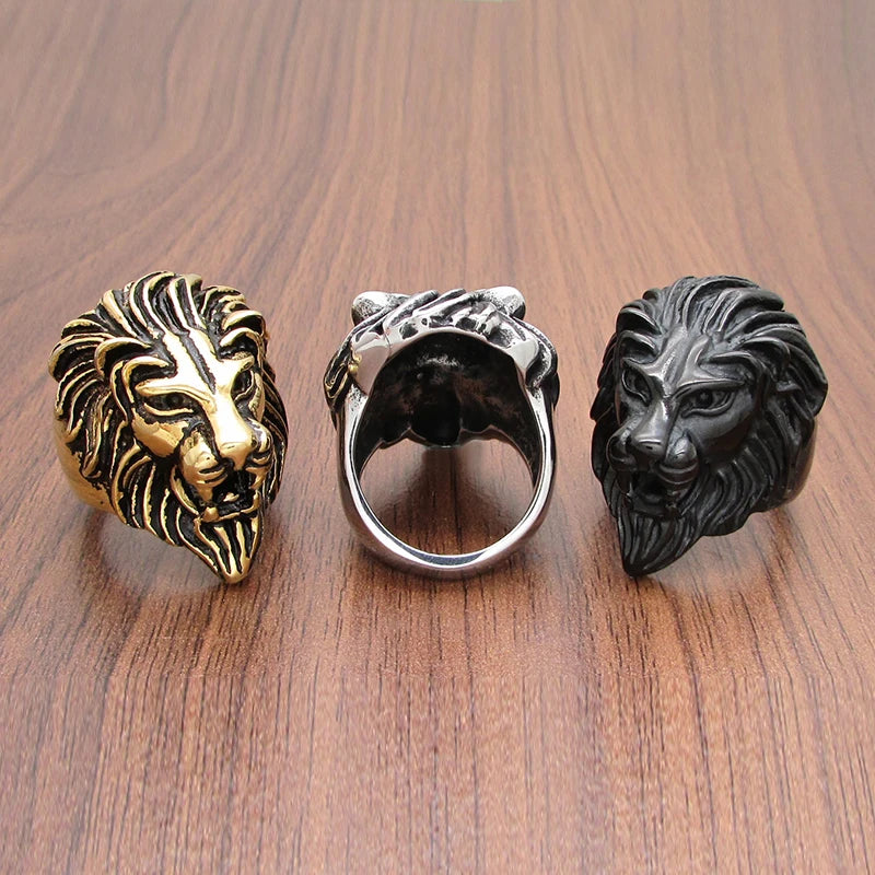 Punk 316L Stainless Steel Silver Color Gold Black Plated King Lion Head Ring Jewelry