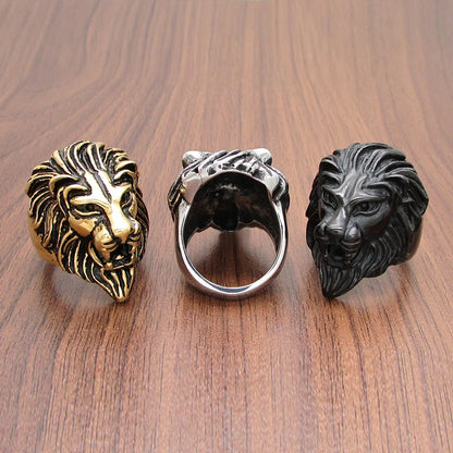 Punk 316L Stainless Steel Silver Color Gold Black Plated King Lion Head Ring Jewelry