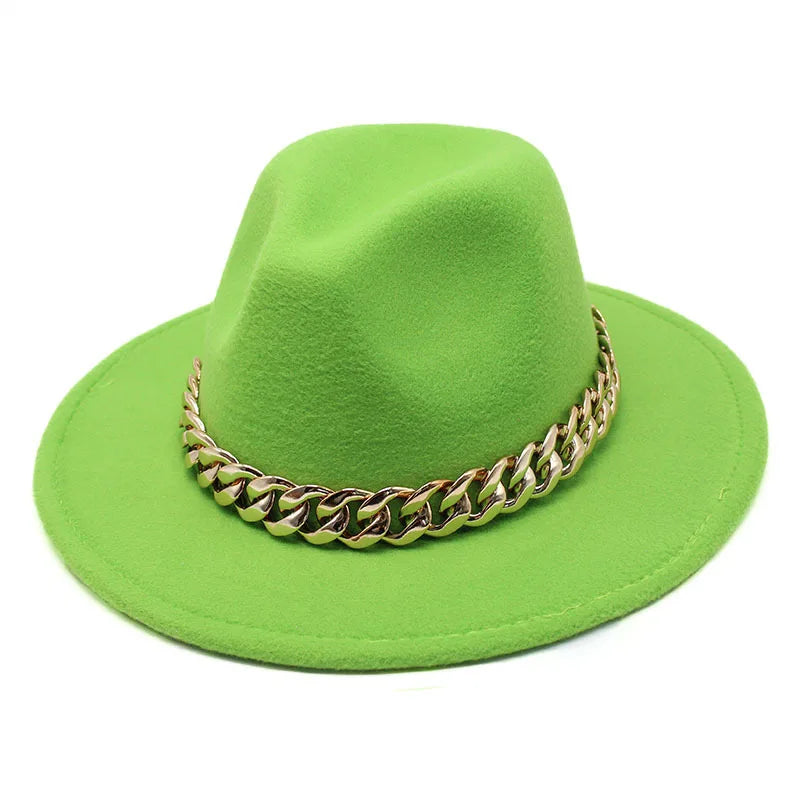 Jazz hat autumn and winter British style big chain women's fedora hat men's retro top hat woolen gentleman hat big brim hat