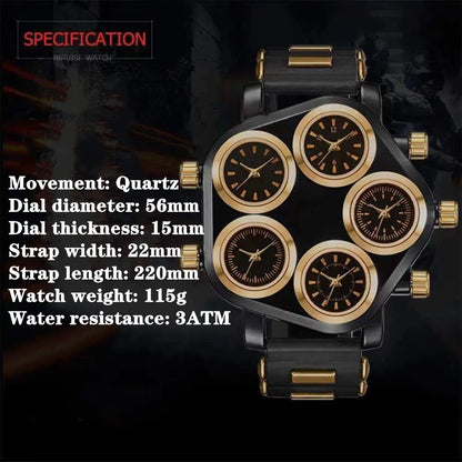 Five Movement Sport Big Dial Extra Large Dial Stylish Guy's Hip Hop Watch Cool Punk Men's Quartz Watch Male Clock Time Hour