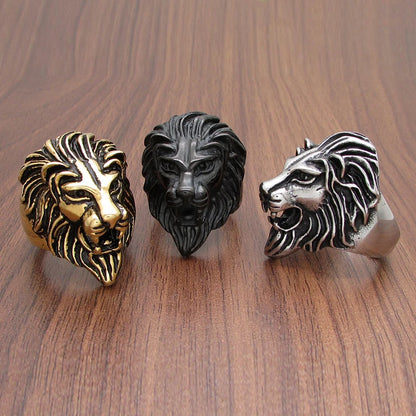 Punk 316L Stainless Steel Silver Color Gold Black Plated King Lion Head Ring Jewelry